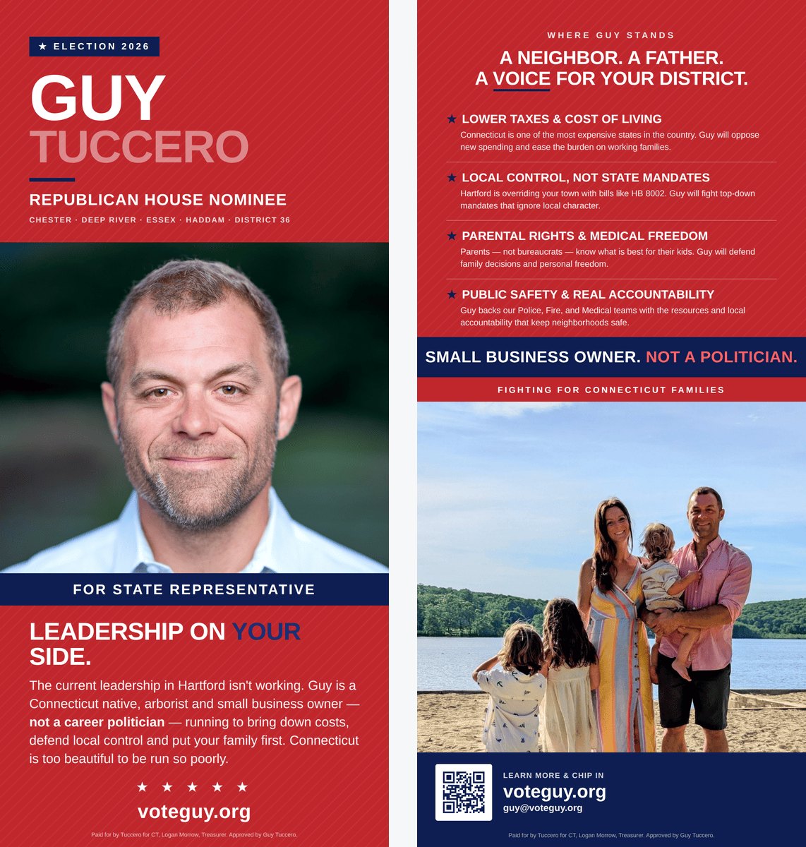 Guy Tuccero campaign palm card front and back, Connecticut, designed by Dream Life